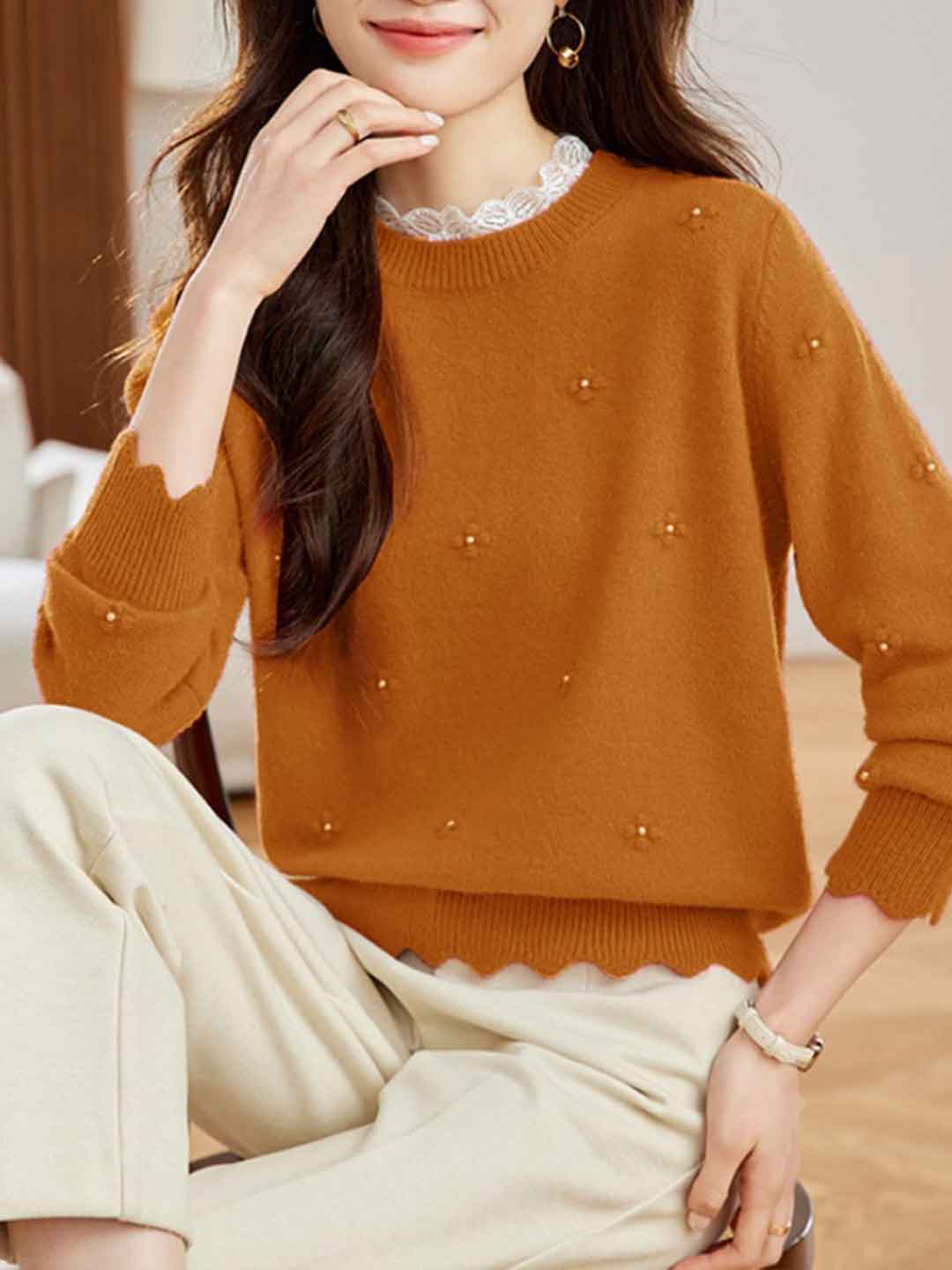 Andrea Retro Lace Crew Neck Solid Color Beaded Knitted Top