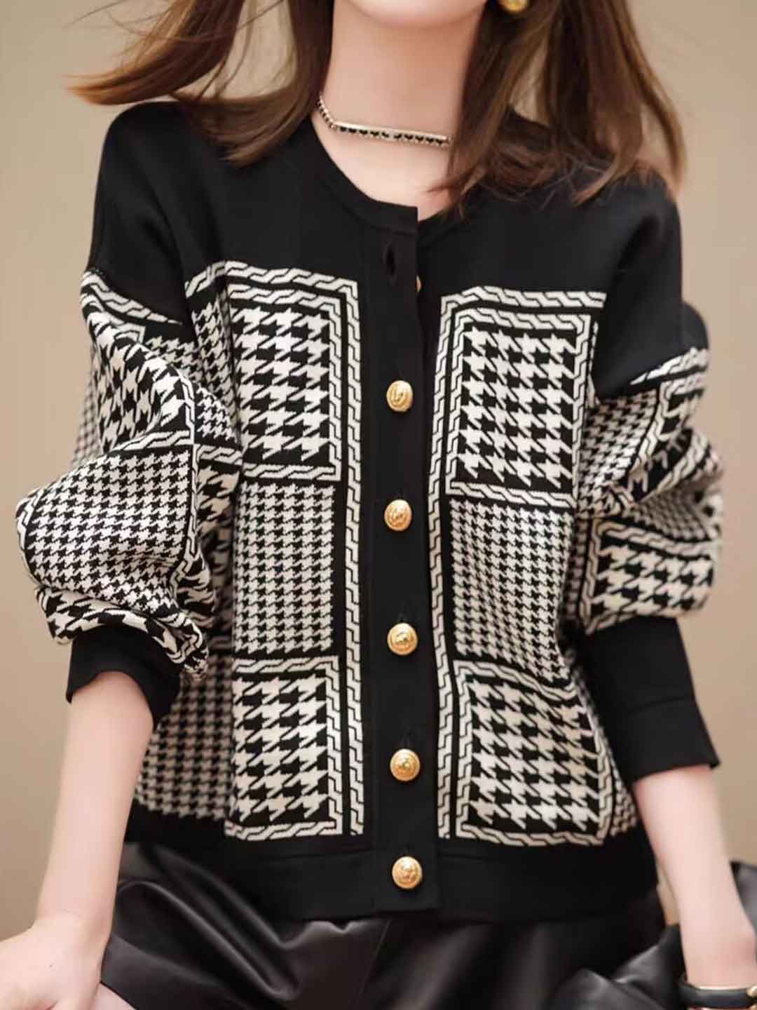 Mia Vintage Crew Neck Houndstooth Knitted Cardigan