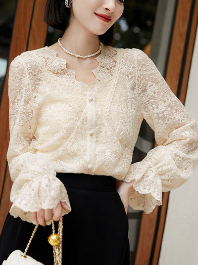 Khloe Elegant V-Neck Lantern Sleeve Lace Top