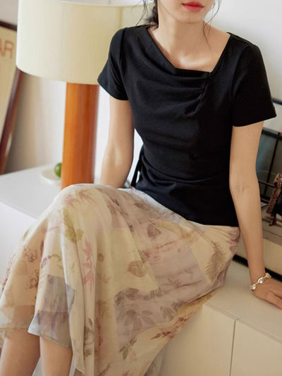 Vanessa Retro Solid Color Slant Collar Drawstring Top