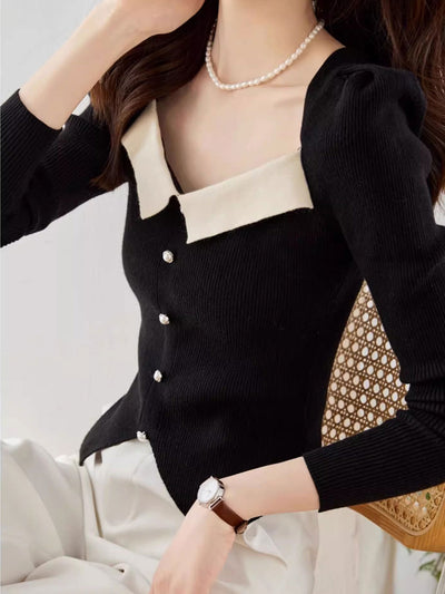 Jessica Retro Color Block Knitted Top-Apricot