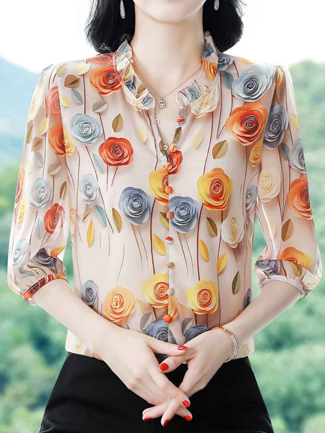 Ariana Loose V-Neck Lantern Sleeve Ruffle Collar Shirt