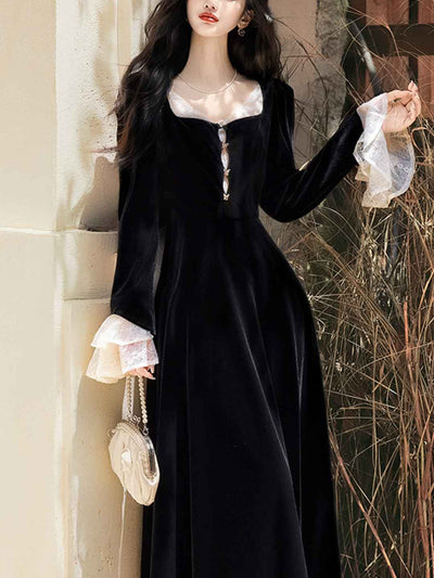 Anna Retro Square Neck Lace Sleeve Velvet Dress
