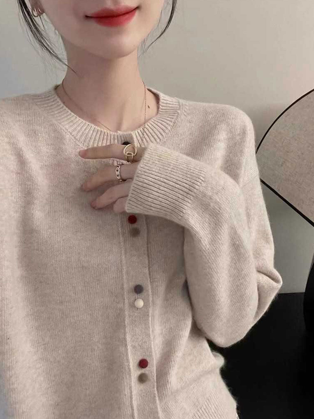 Chloe Loose Crew Neck Knitted Cardigan-Gray
