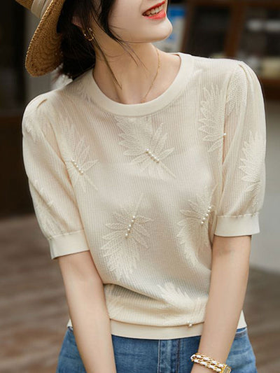 Brianna Casual Puff Sleeve Jacquard Beaded Knitted Top