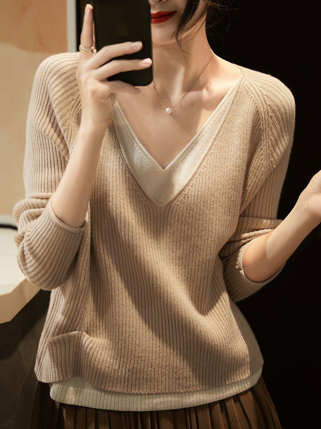 Lauren V-Neck Layered Contrasting Knitted Sweater