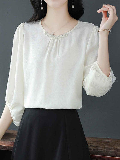 Rachel Elegant Crew Neck Beaded Satin Shirt