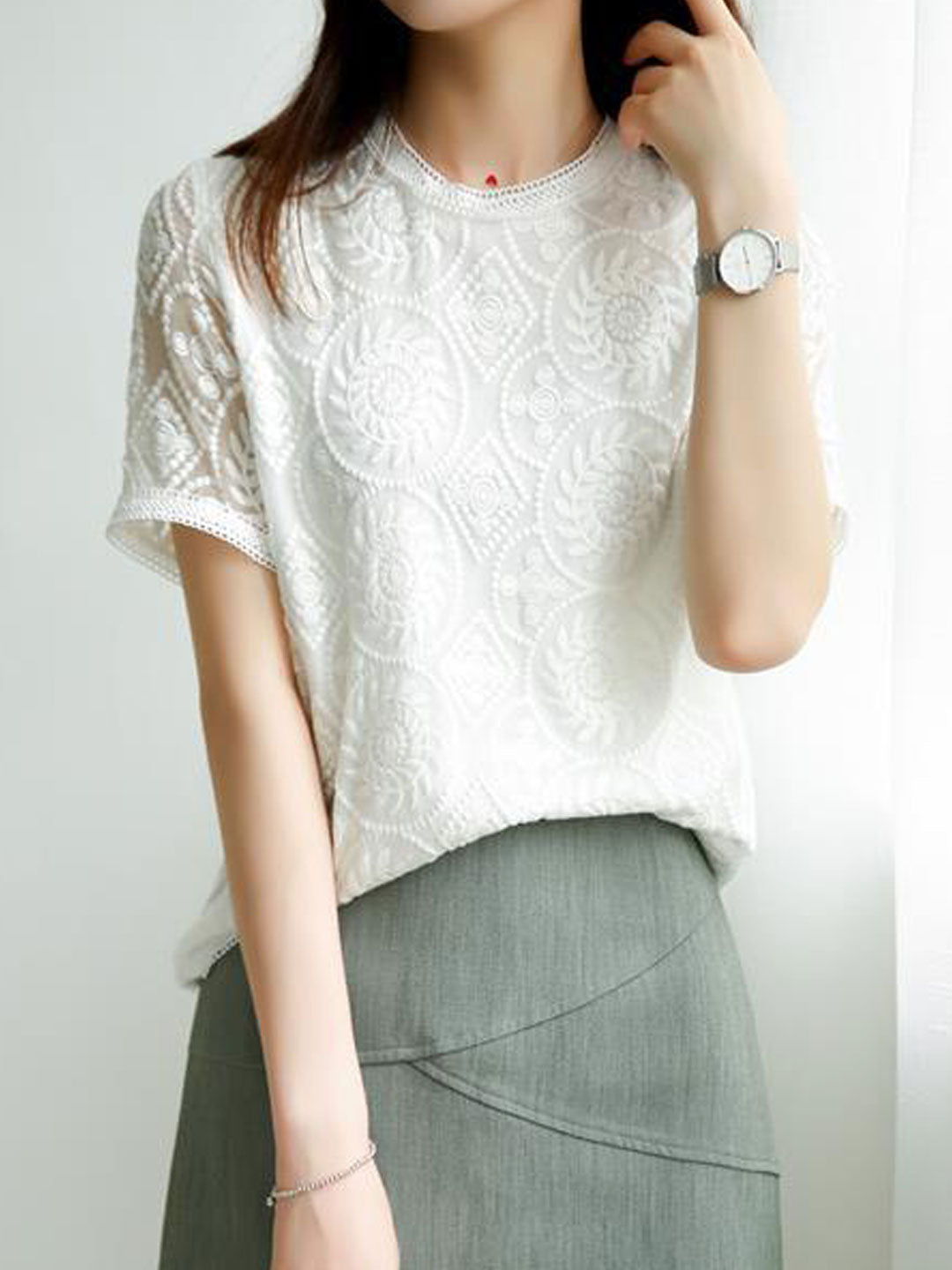 Sophie Elegant Crew Neck Embroidered Top