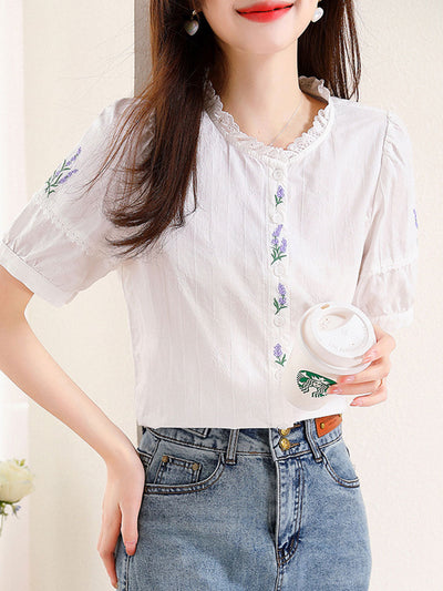 Maria Retro Embroidered  Lace Puff Sleeve Shirt-White