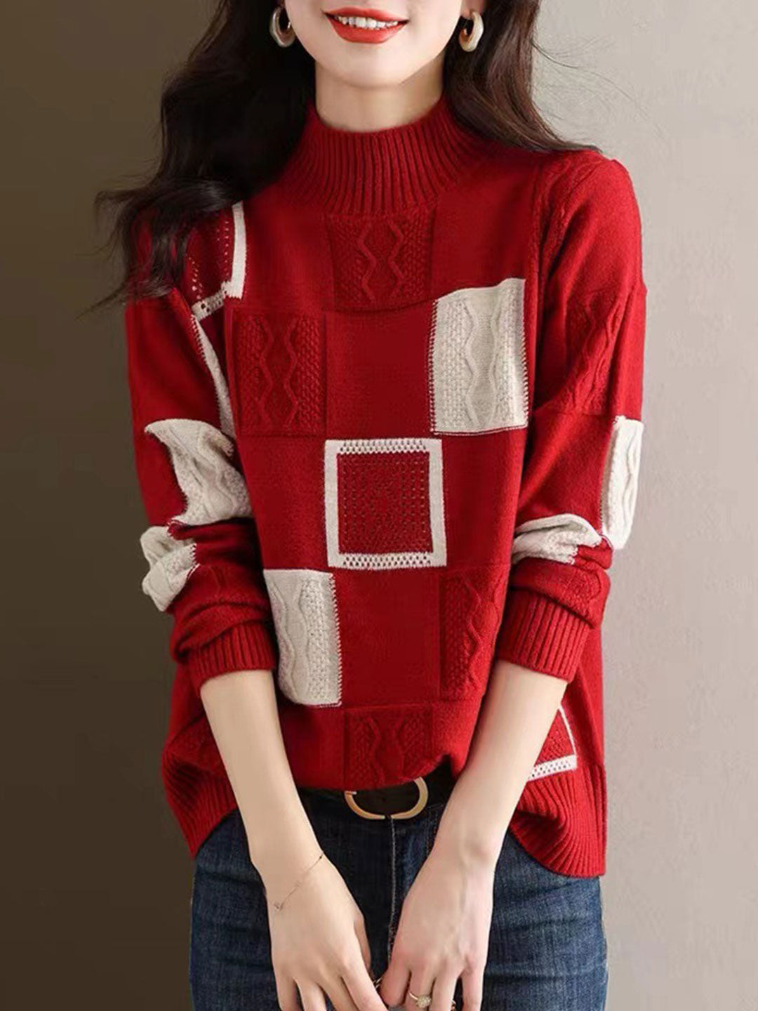 Lily Classic Turtleneck Contrast Knitted Sweater