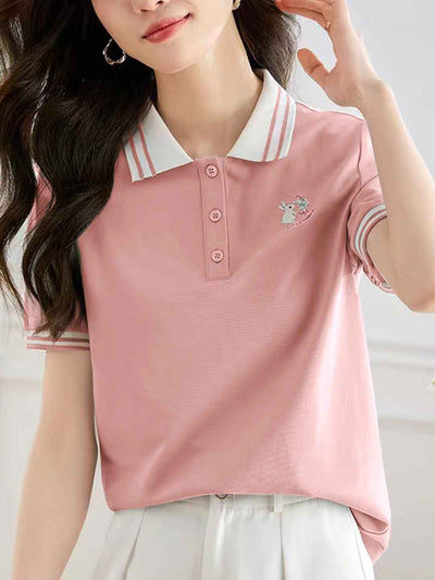 Claire Casual Polo Collar Solid Color Embroidered Top