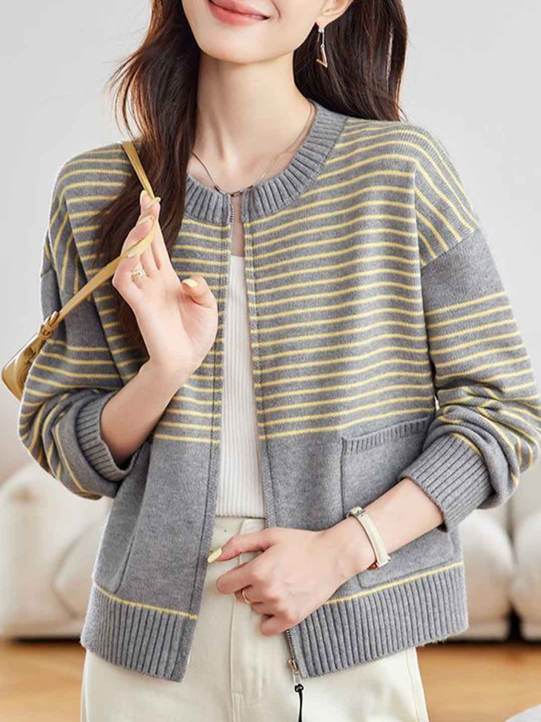Ava Casual Crew Neck Striped Knitted Cardigan