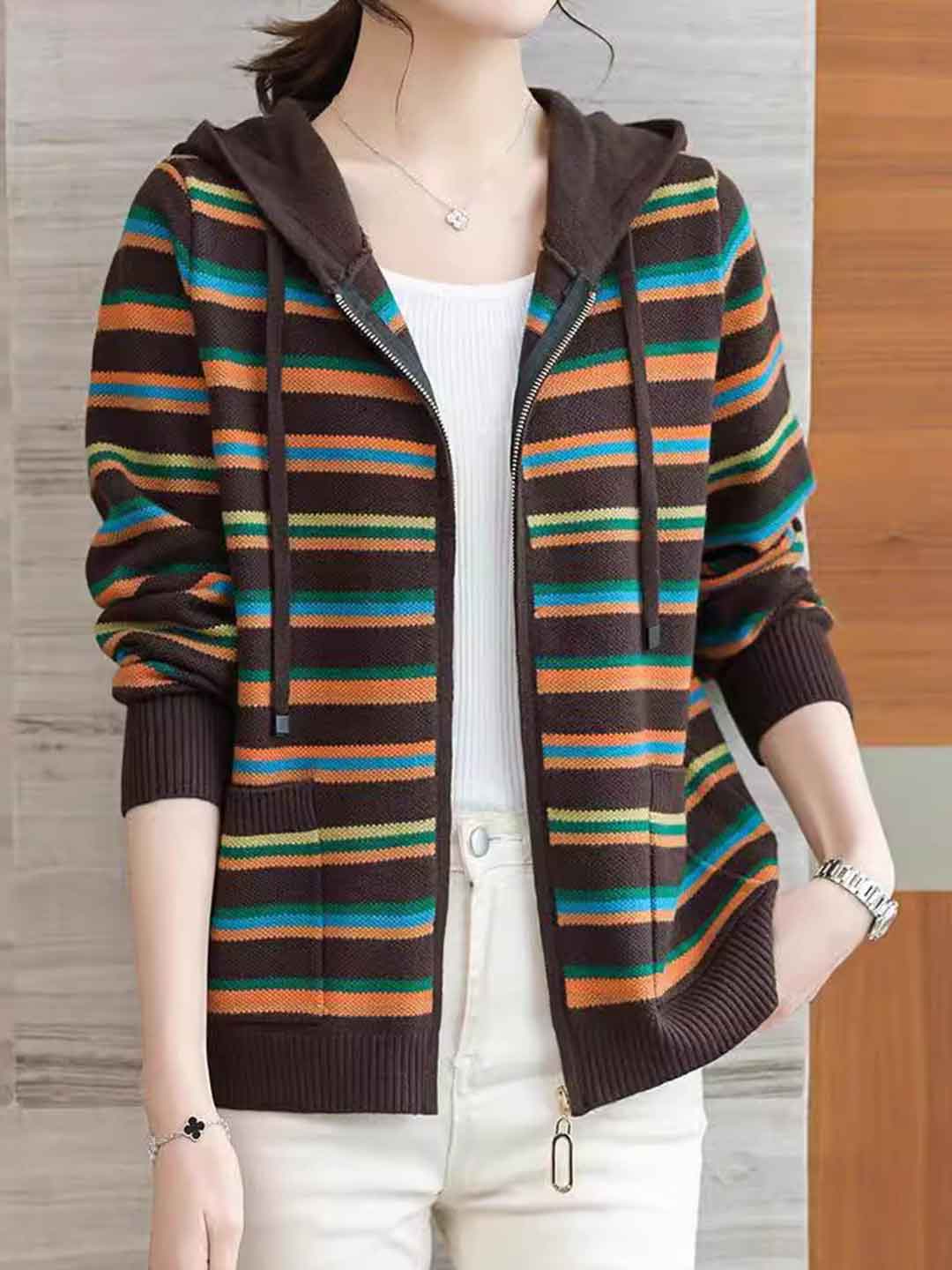 Emily Loose Hooded Contrasted Striped Knitted Coat