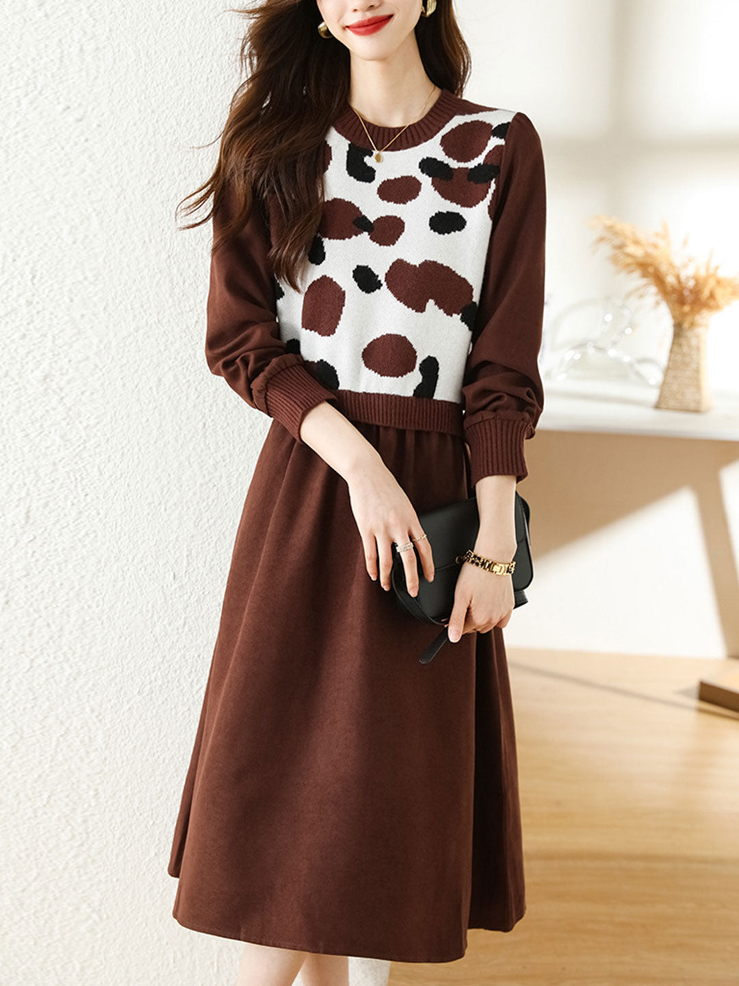 Olivia Classic Waist Puff Sleeve Patchwork Sweater Dress Set