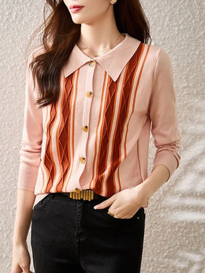 Ava Casual Lapel Striped Knitted Cardigan