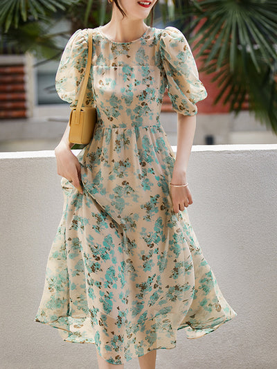 Alyssa Elegant Puff Sleeve Printed Dress