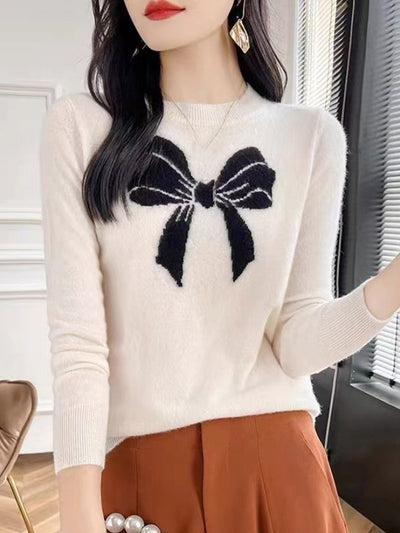 Charlotte Loose Crew Neck Bow Jacquard Knitted Top-Pink