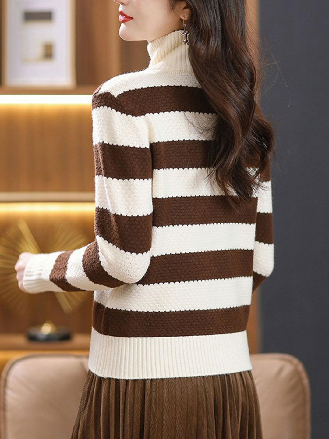Sara Casual Lapel Contrast Striped Knitted Sweater