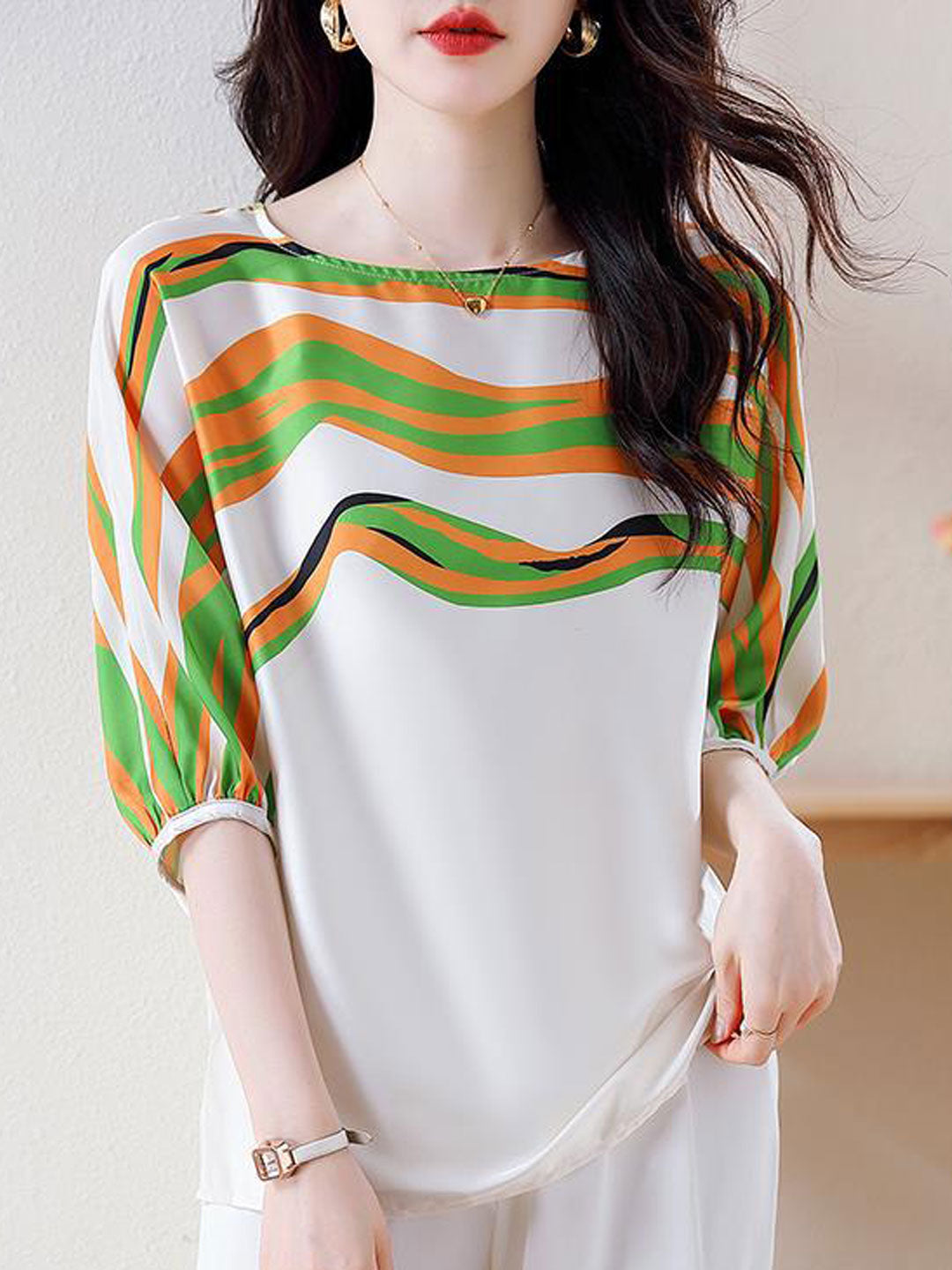 Abigail Loose Lantern Sleeve Striped Printed Shirt