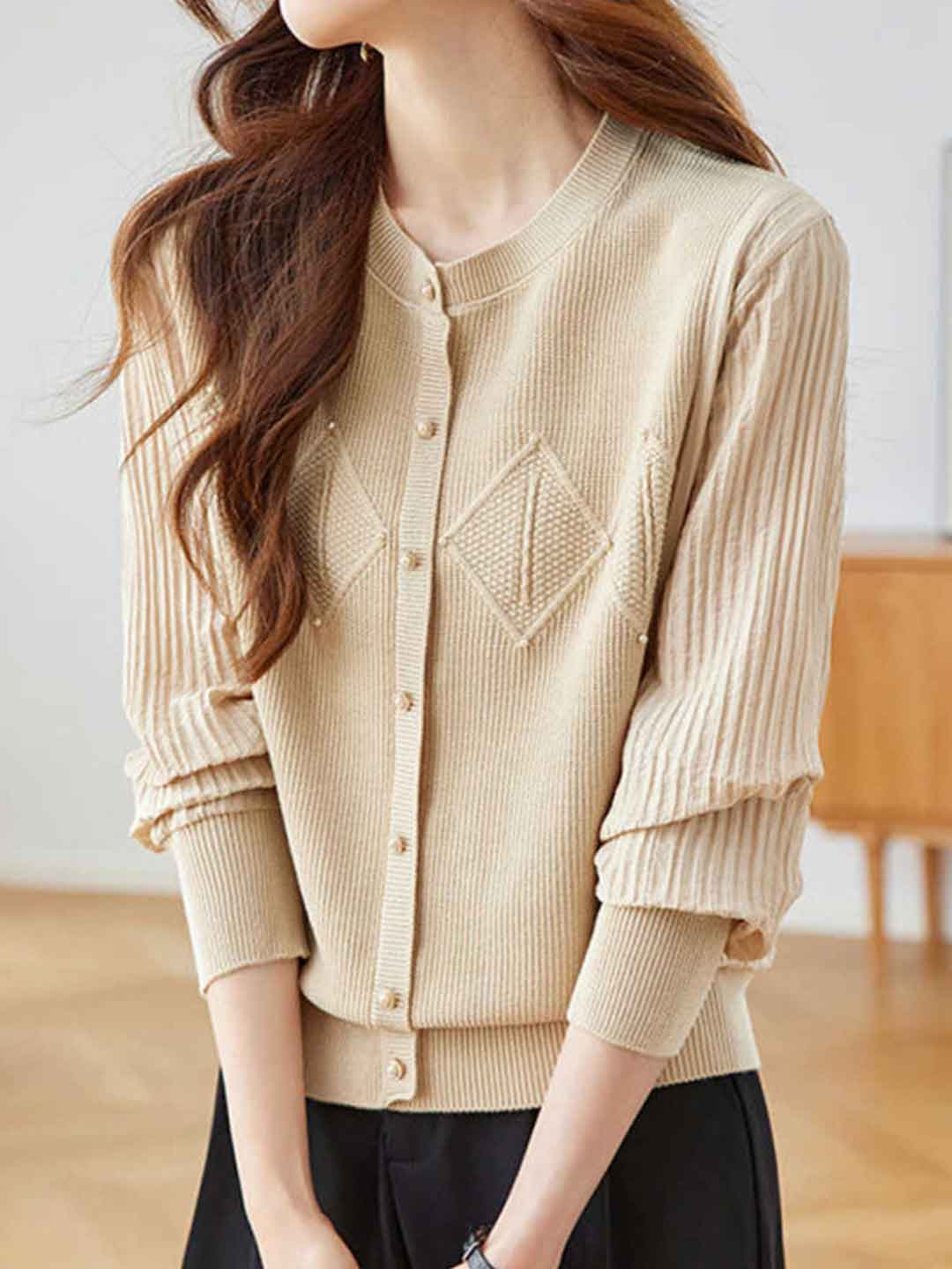 Maya Classic Crew Neck Patchwork Knitted Cardigan