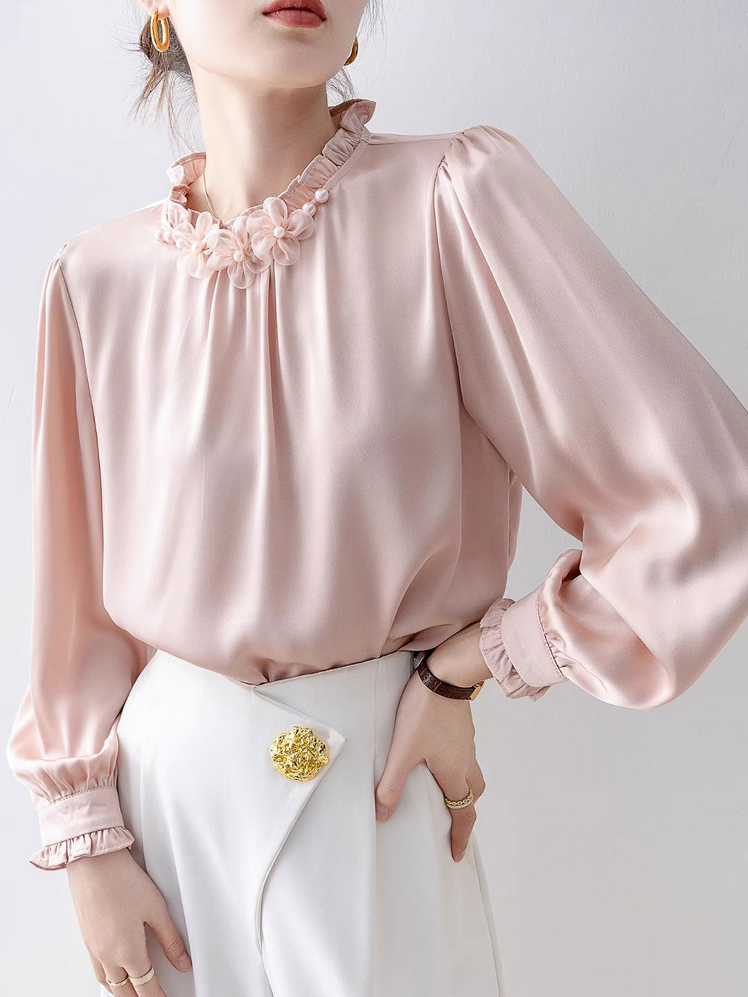Jocelyn Classic Stand Collar Auricular Chiffon Top
