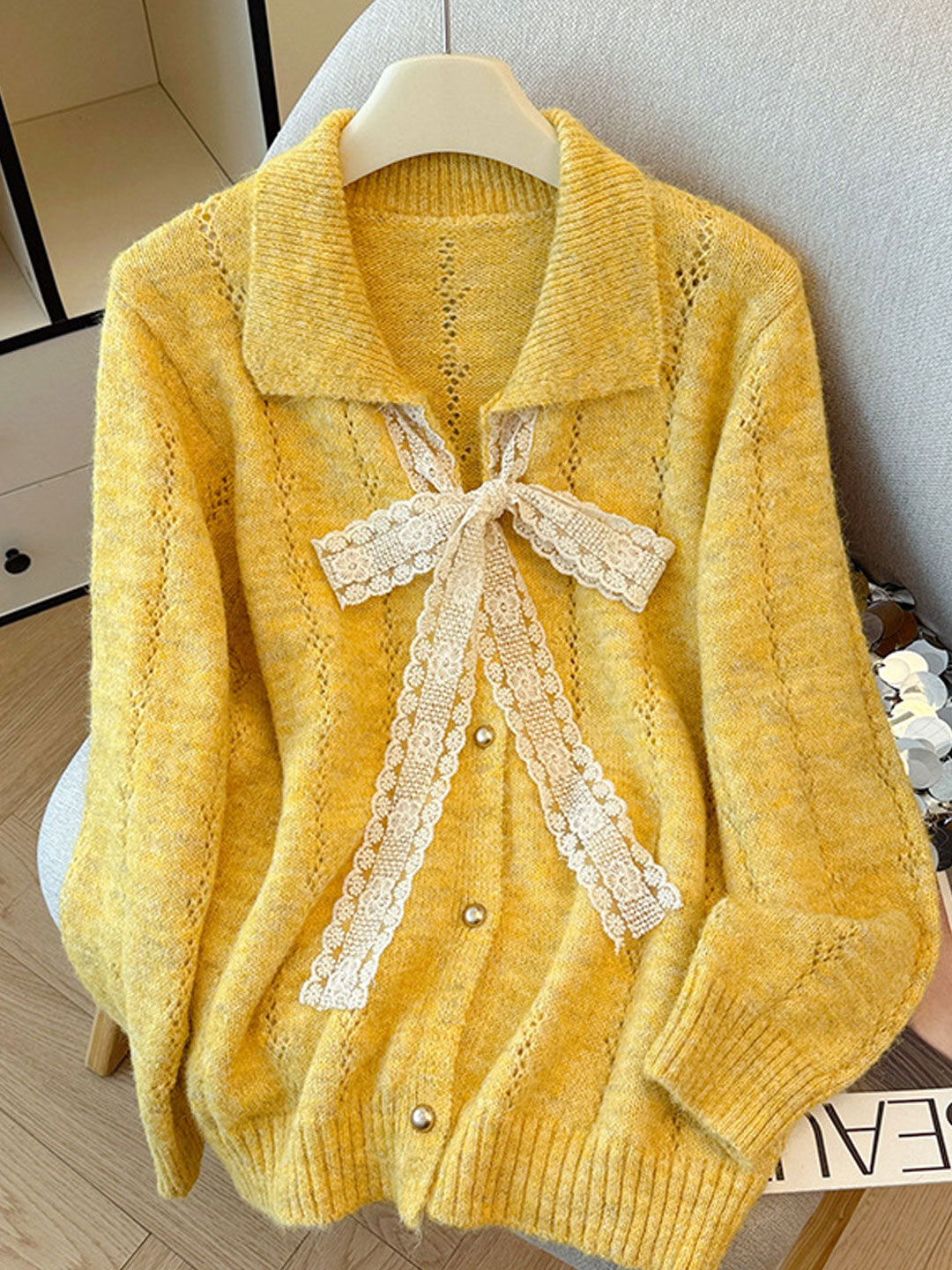 Brianna Retro Lapel Hollowed Lace Knitted Cardigan