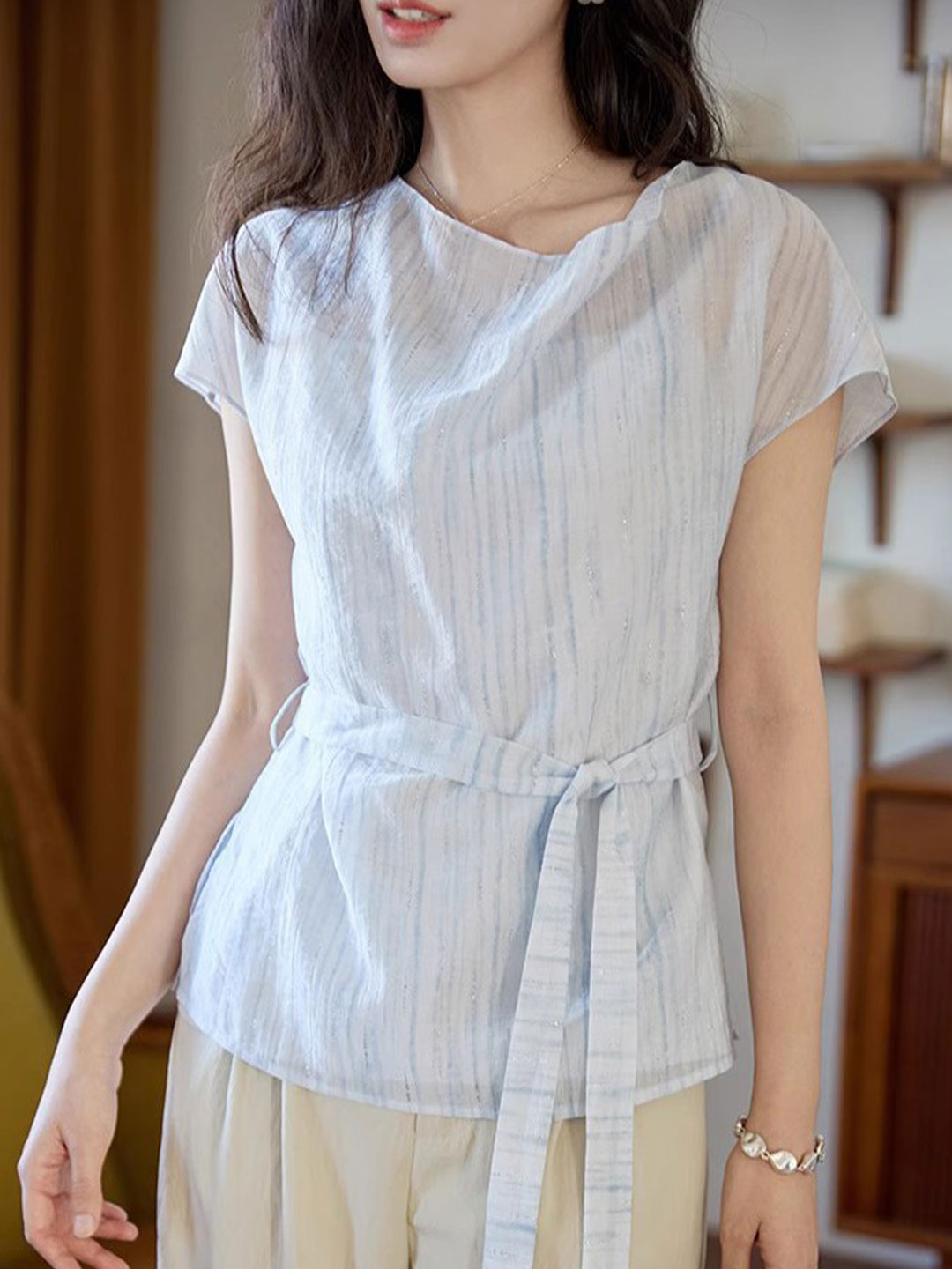 Audrey Retro Swing Collar Printed Tie Waist Top