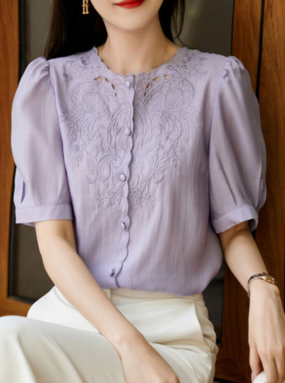 Trinity Retro Embroidered Hollowed Shirt-Purple