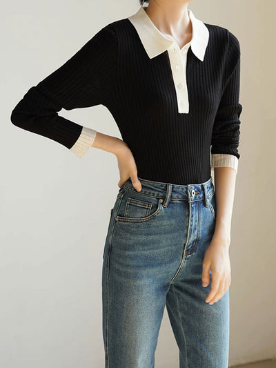 Jessica Retro Contrast Color Slim Knitted Sweater-Green