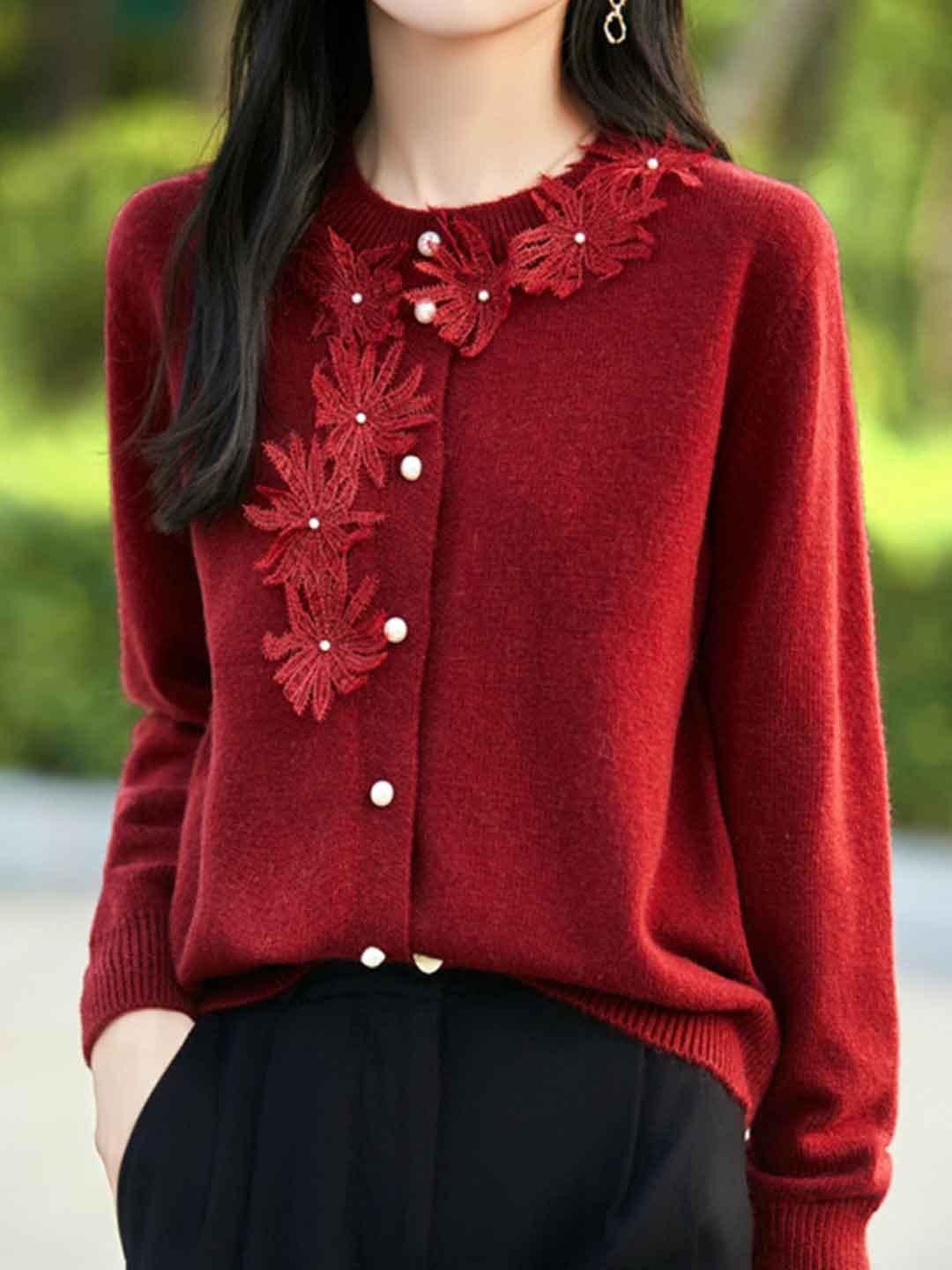 Sophie Classic Crew Neck Crocheted Solid Color Knitted Cardigan