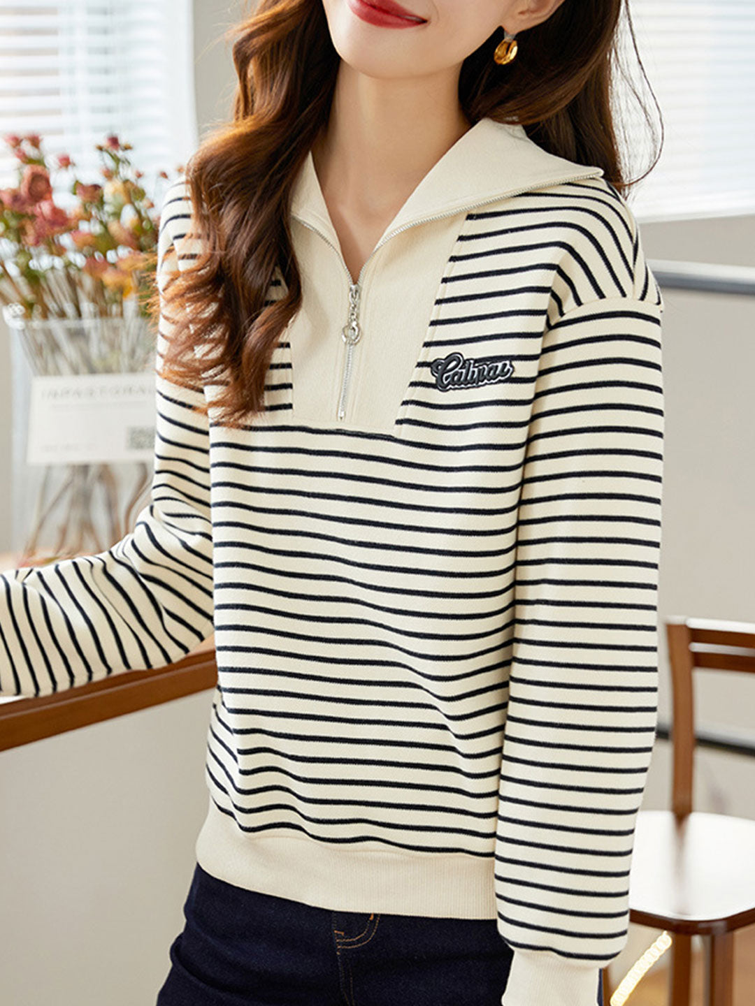 Alyssa Casual Lapel Striped Pullover Sweatshirt