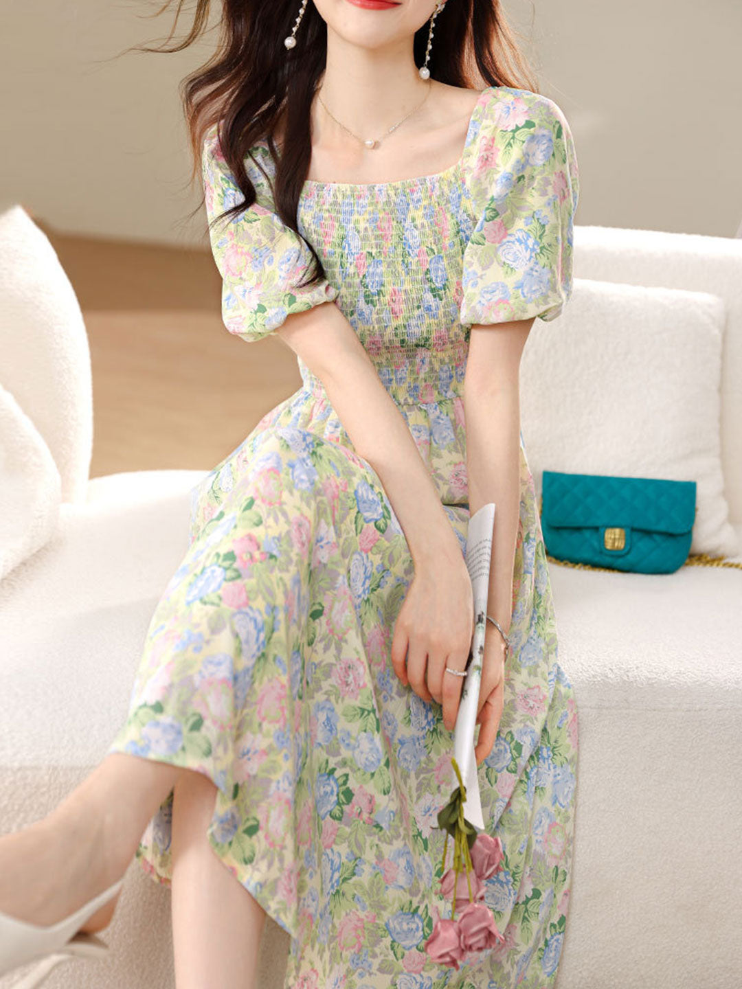 Sophia Retro Puff Sleeve Floral Dress-Pink