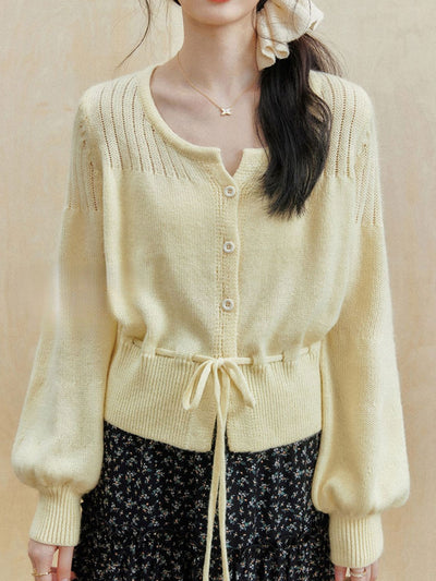 Peyton Retro Crew Neck Beaded Drawstring Knitted Cardigan