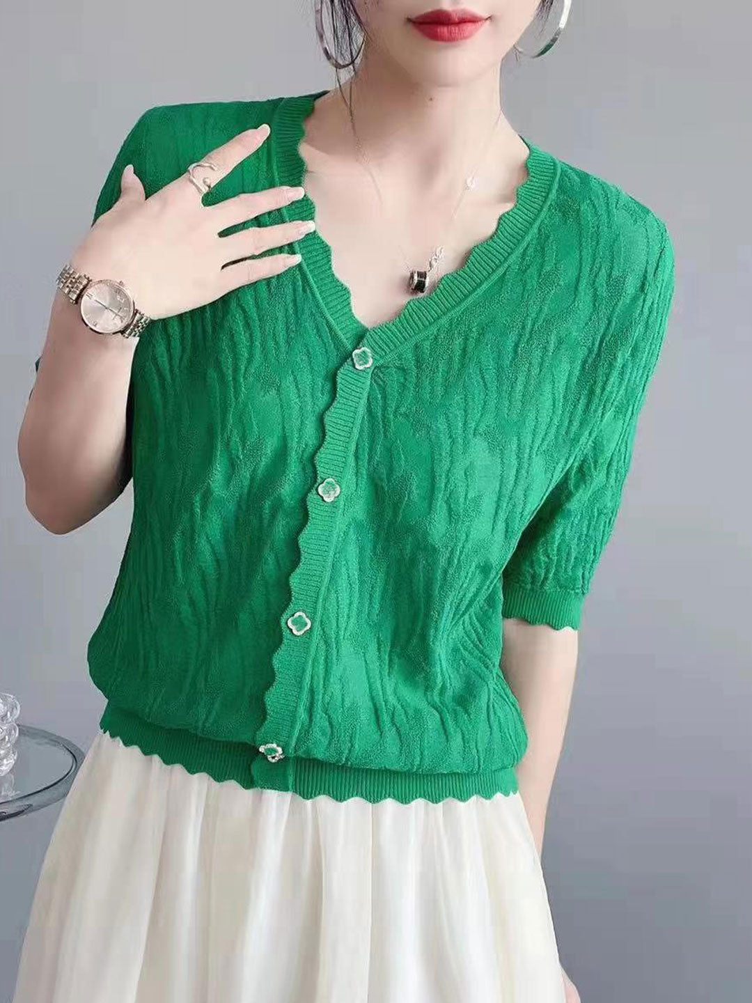 Sophia Loose Jacquard Knitted Cardigan-Green