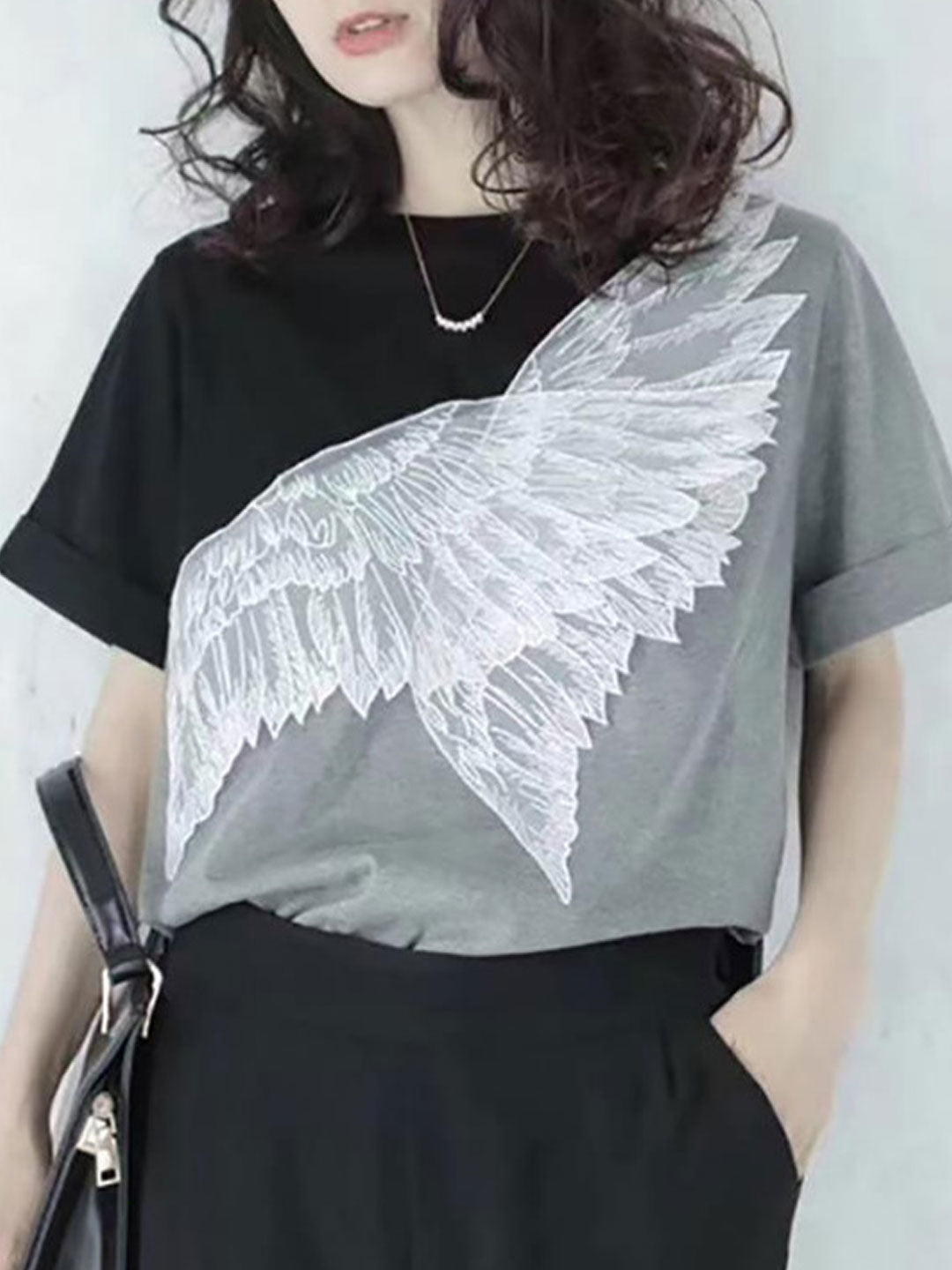 Kayla Individual Crew Neck Splicing Feather Top