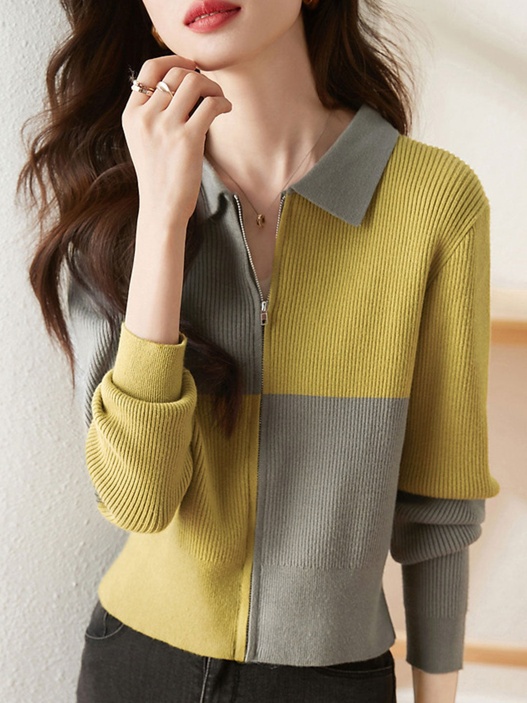 Sarah Classic Contrast Color Lapel Sweater