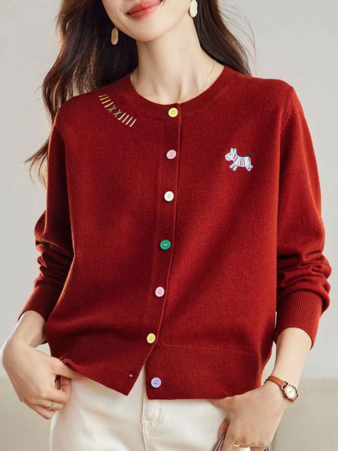 Camila Loose Embroidered Colorful Buttons Knitted Cardigan