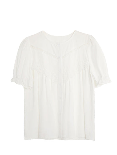 Layla Retro Hollowed Paneled Lace Shirt-White