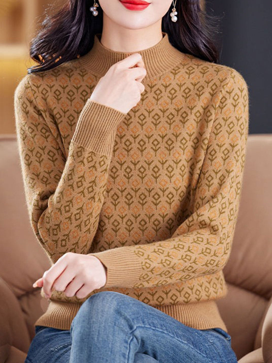 Brianna Classic Jacquard Turtleneck Knitted Sweater