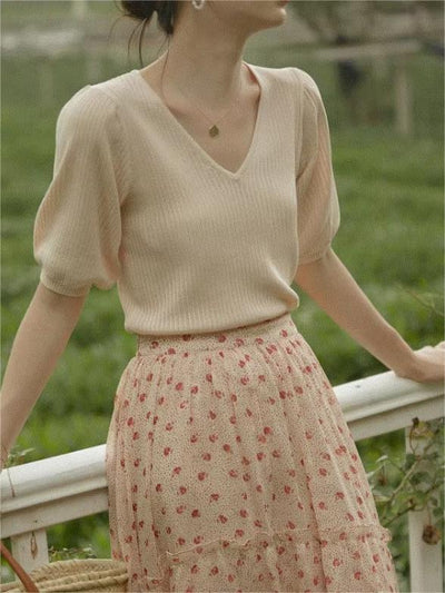 Sarah Retro V-Neck Puff Sleeve Knitted Top