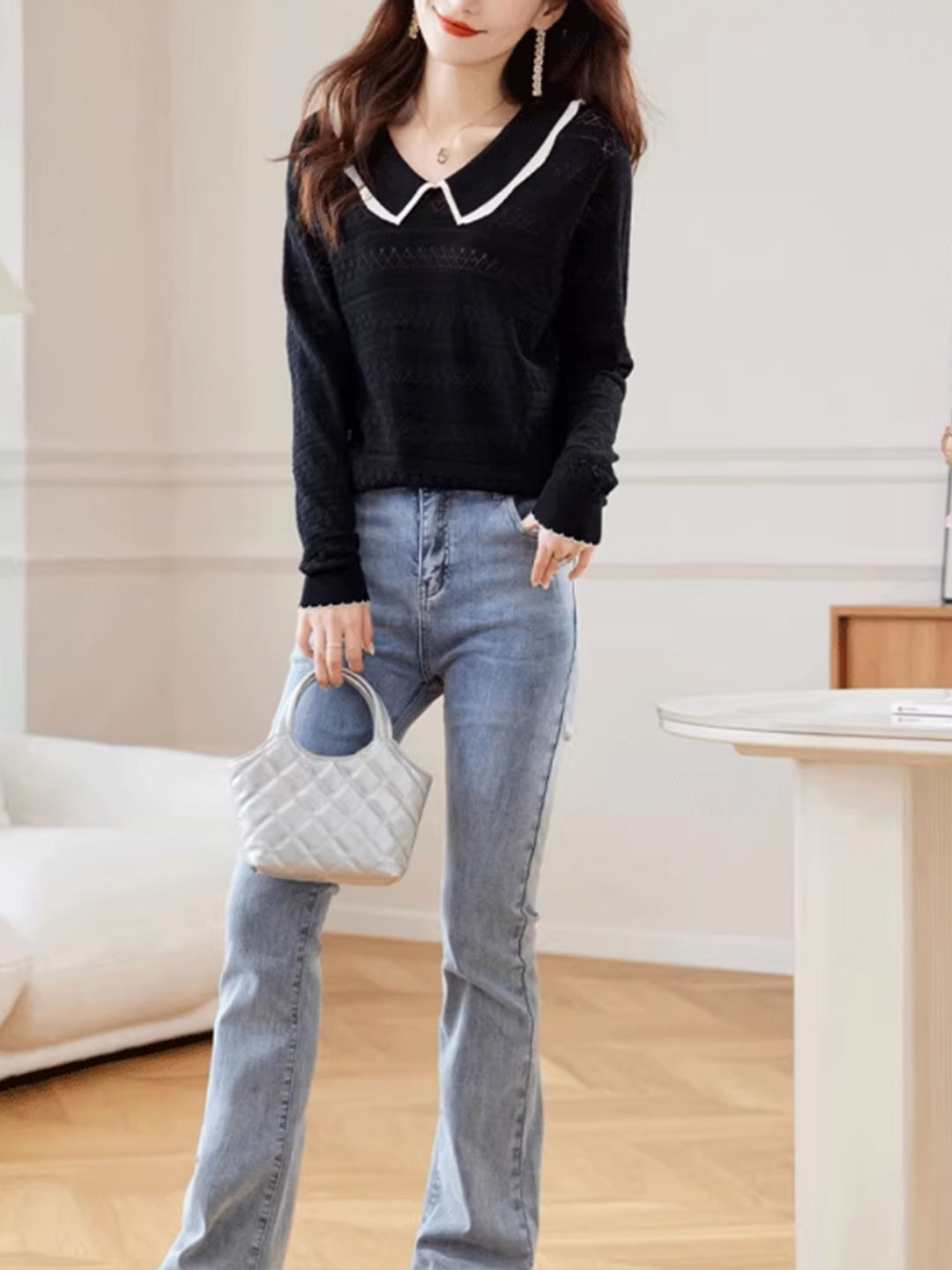 Nevaeh Classic Doll Collar Hollowed Knitted Top