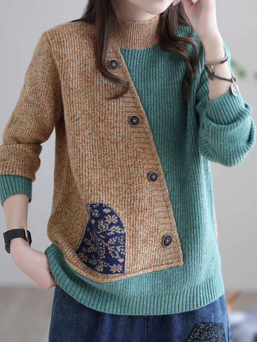 Mya Loose Crew Neck Colorblock Knitted Pullover Top