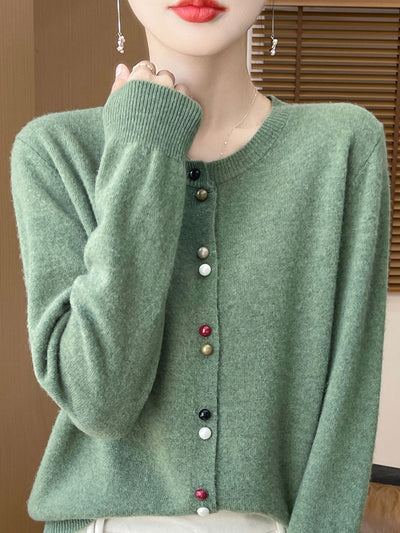 Mya Loose Crew Neck Solid Color Knitted Cardigan-Red