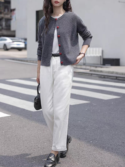 Raya Elegant Crew Neck Heart Button Knitted Cardigan-Pink