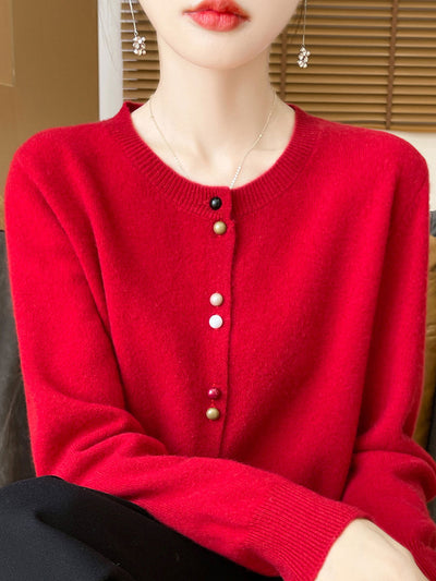 Mya Loose Crew Neck Solid Color Knitted Cardigan-Red