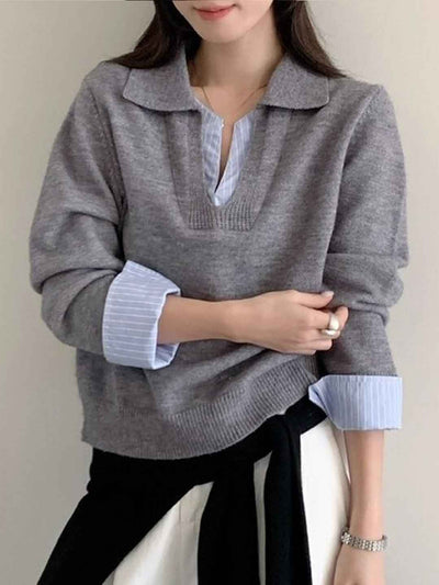 Grace Slim Lapel Striped Two-Piece Knitted Top