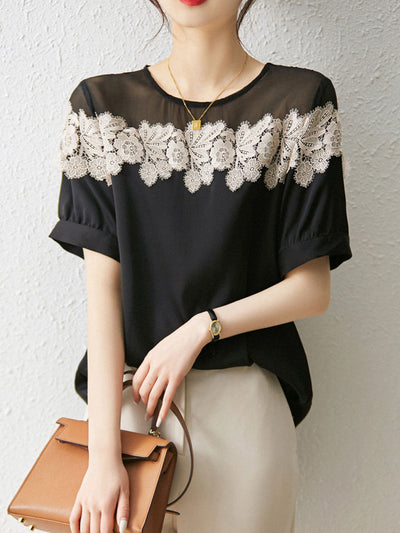 Mya Retro Embroidered Floral Shirt-Black