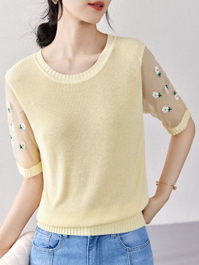 Alexis Classic Embroidered Puff Sleeve Knitted Top-Yellow
