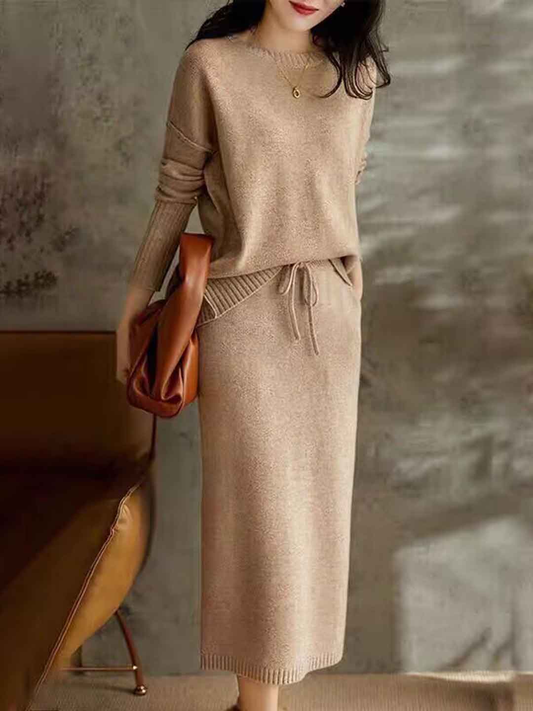 Isabella Elegant Solid Color Drawstring Knitted Dress Set