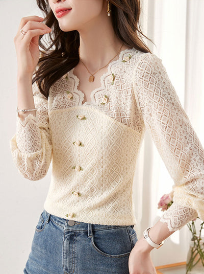 Mia Retro V-Neck Hollowed Balloon Sleeve Lace Blouse